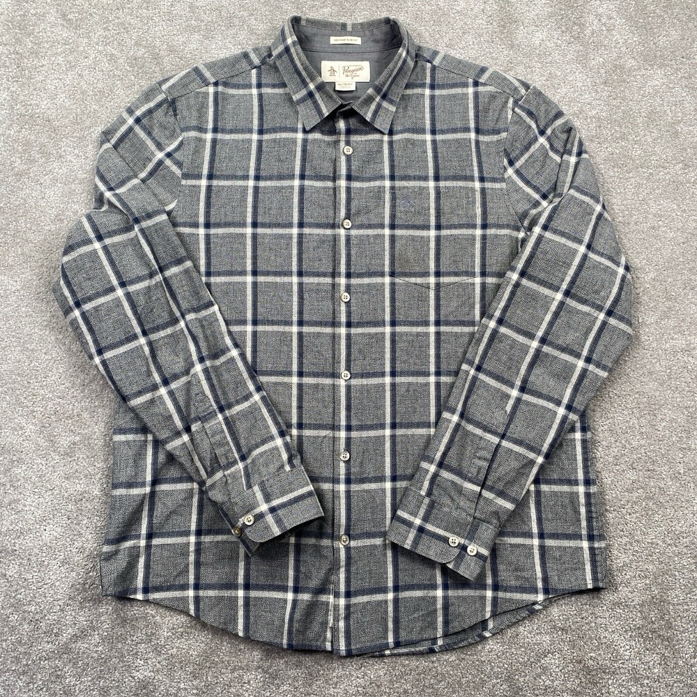 Penguin Munsingwear Men's Slim Fit Plaid Button Up Shirt Size XL Gray